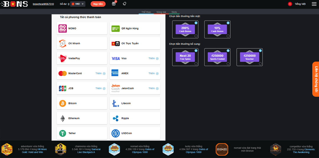 Phương thức thanh toán đa dạng tại Bons